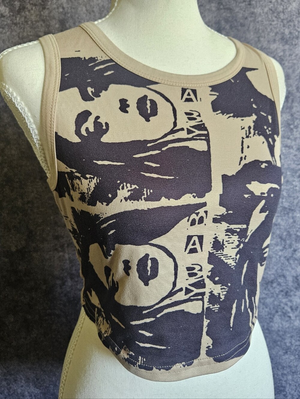 Women's Baby Beige and Black Graphic Crop Tank Top